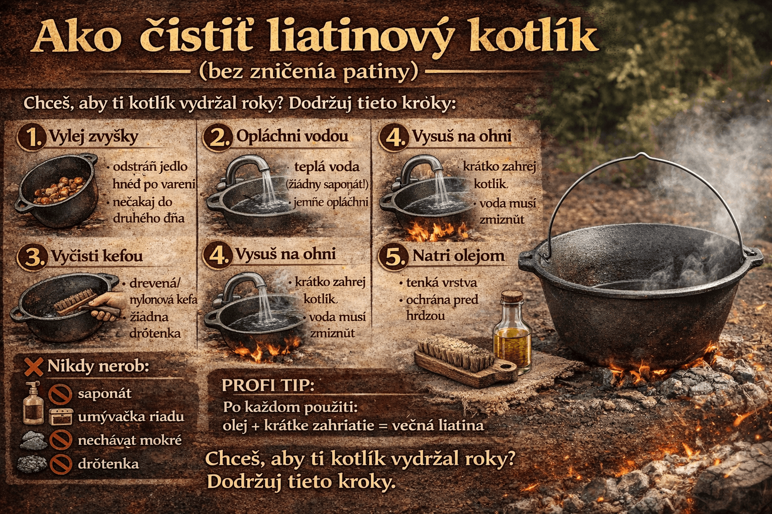 Ako správne čistiť liatinový kotlík po varení (bez zničenia patiny)