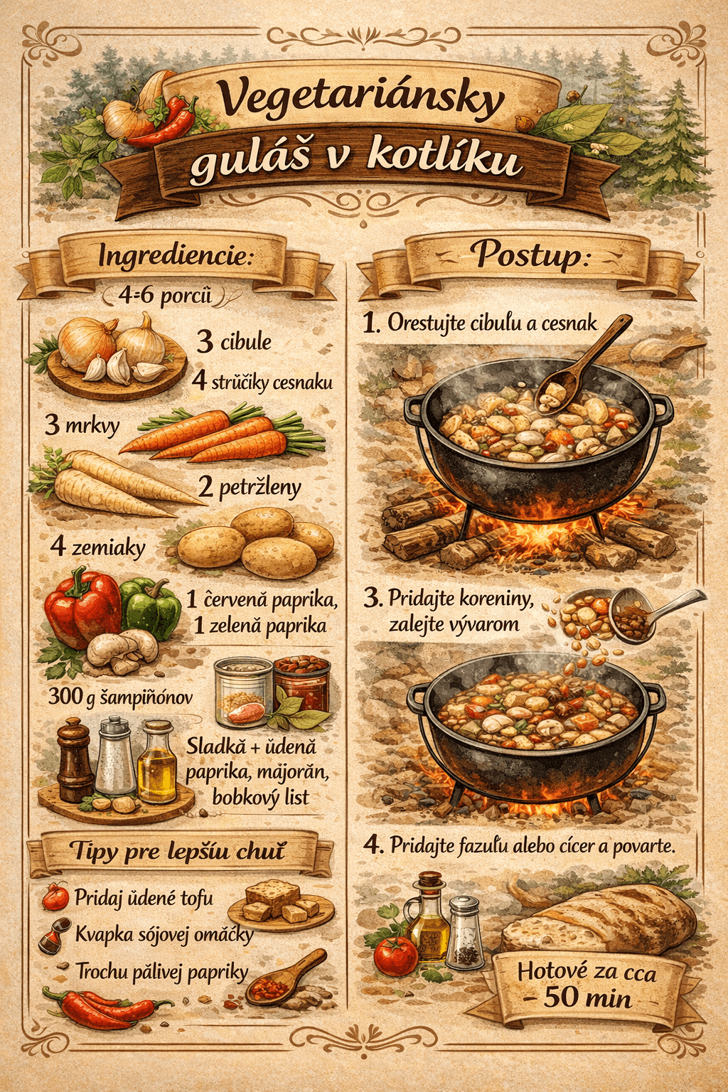 Vegetariánsky guláš v kotlíku, ktorý chutí ako z lesa