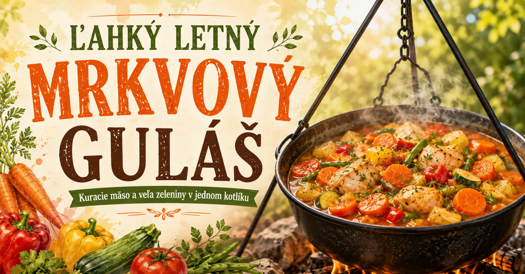 Ľahký letný mrkvový guláš z kotlíka s kuracím mäsom a zeleninou