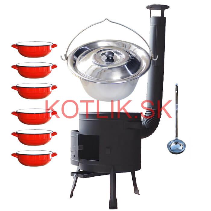 Nerezový kotlík 22 L (0,8 mm) INOX + selské misky 6 ks + nízka žiaruvzdorná kotlina 42 cm PLUS 600