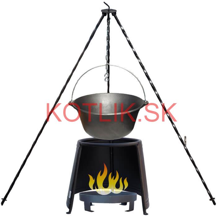 Liatinový kotlík 7,2 L + chránič plameňa 32 cm + ohnisko 36 cm + trojnožka 1,2 m