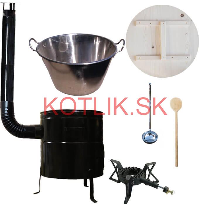 Zabíjačkový nerezový kotol 100 L, kovová kotlina 60 cm, drevená pokrievka, horák 7 kW + dymovod