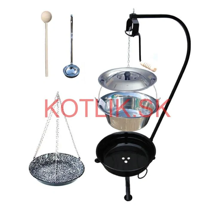 Nerezový kotlík 20 L (1,2 mm) INOX + smaltovaná panvica + ohnisko so stojanom a s poistnou kladkou VAR