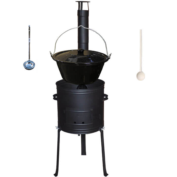 Smaltovaný kotlík 20 L (1,2 mm) + kovová kotlina s vysokými nožičkami 42 cm + vareška a naberačka