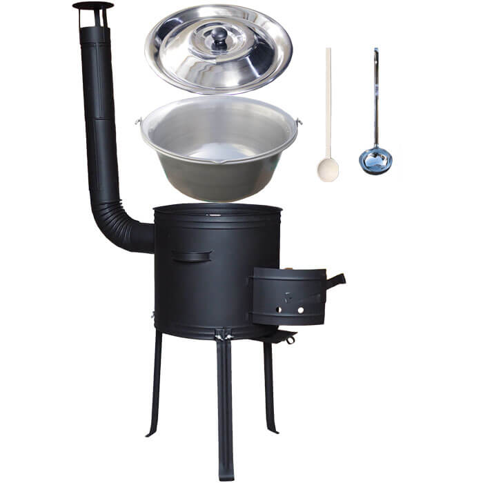 Nerezový kotlík 20 L (1,5 mm) + kovová kotlina s vysokými nožičkami 42 cm, žiaruvzdorná farba Plus 700 + vareška a naberačka