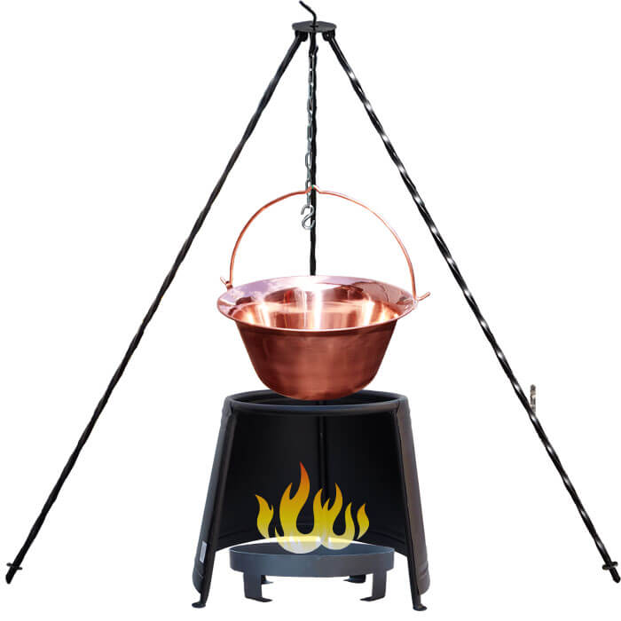 Medený kotlík 20 L (1,2 mm) + chránič plameňa 43 cm + ohnisko 36 cm + trojnožka 1,2 m