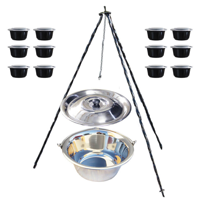 Nerezový kotlík 14 L (0,8 mm) + antikorová pokrievka + stojan + misky 12 ks