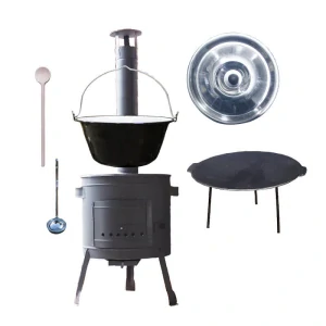 Smaltovaný kotlík 25 L + liatinová panvica 45 cm + nízka žiaruvzdorná kotlina 42 cm PLUS 600