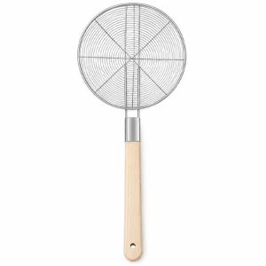 Veľké nerezové sitko – penovačka 22,5 cm s drevenou rukoväťou, 56,5 cm