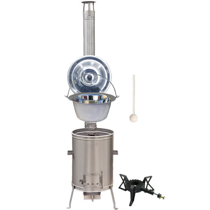 Antikorový kotlík 10 L (1,2 mm) + nerezová kotlina 36 cm + liatinový horák 7 kW, vareška LUX