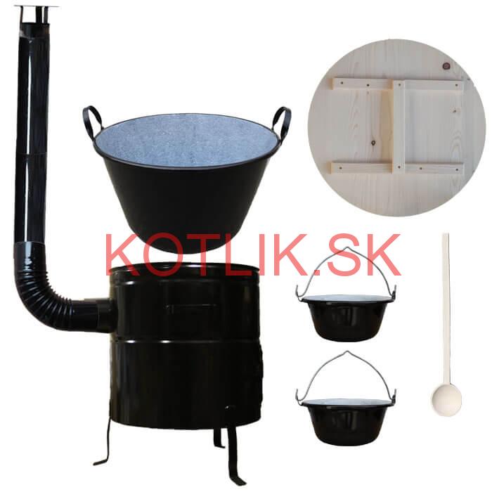 Zabíjačkový smaltovaný kotol 100 L, drevená pokrievka + kovová kotlina 60 cm + 2 servírovacie kotlíky