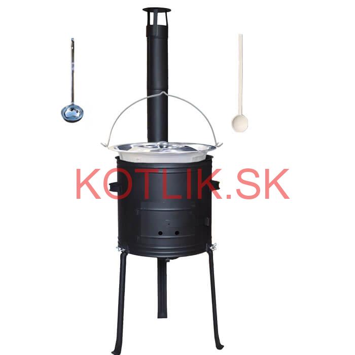 Antikorový kotlík 22 L (0,8 mm) + kovová kotlina s vysokými nožičkami 42 cm + vareška a naberačka