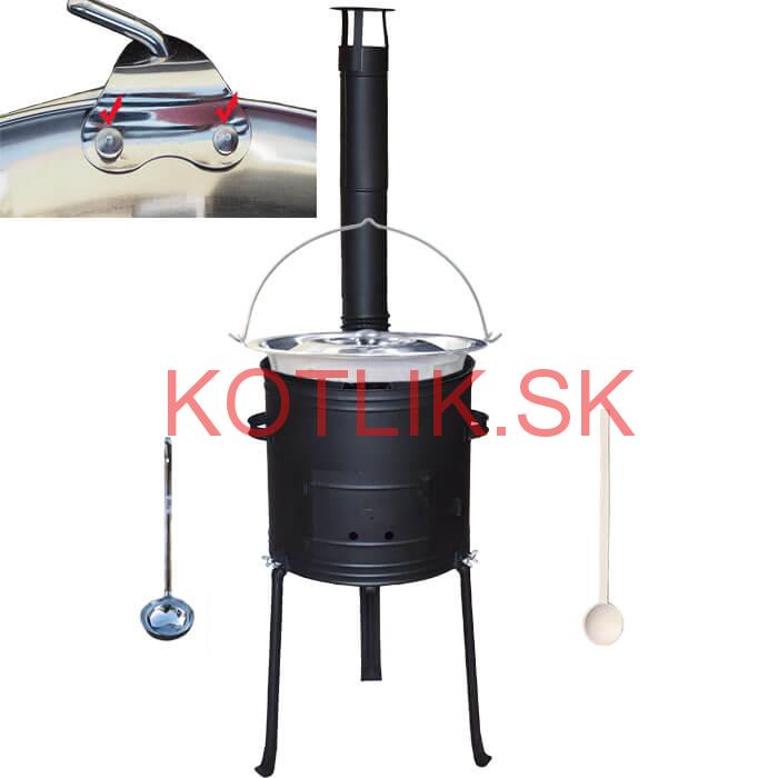 Antikorový kotlík 15 L (0,8 mm) zosilnený s nitmi + kovová kotlina s vysokými nožičkami 36 cm, žiaruvzdorná farba Plus 700 + vareška a naberačka