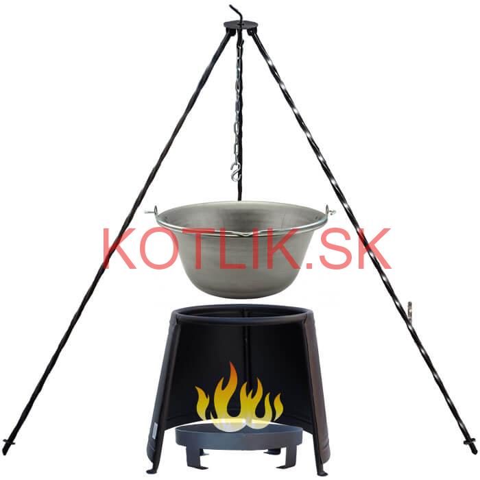 Železný kotlík 10 L (0,75 mm) + chránič plameňa 37 cm + ohnisko 36 cm + trojnožka 1,2 m