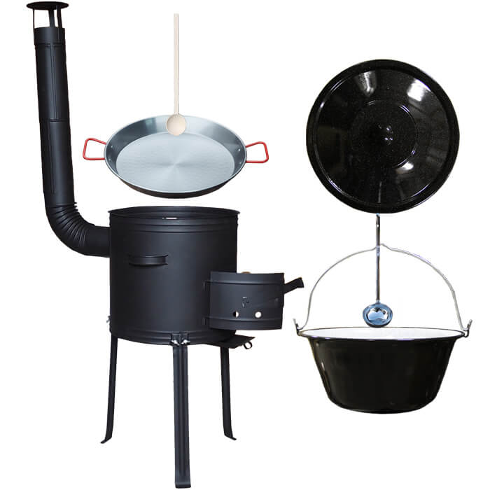 Smaltovaný kotlík 13 L (1,2 mm) + Paella panvica 38 cm + kotlina s vysokými nožičkami 36 cm, žiaruvzdorná farba Plus 700