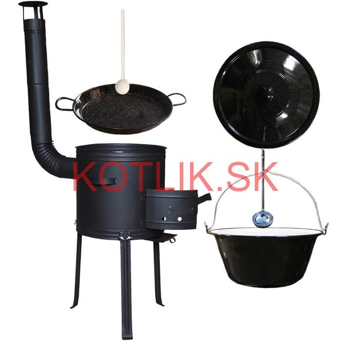 Smaltovaný kotlík 20 L + Paella panvica 46 cm + kovová kotlina s vysokými nožičkami 42 cm, žiaruvzdorná farba Plus 700