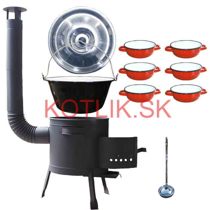 Smaltovaný kotlík 25 L + selské misky 6 ks + nízka žiaruvzdorná kotlina 42 cm PLUS 600