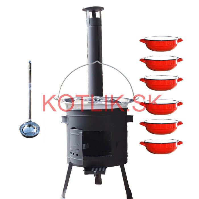 Nerezový kotlík 22 L (0,8 mm) INOX + selské misky 6 ks + nízka žiaruvzdorná kotlina 42 cm PLUS 600