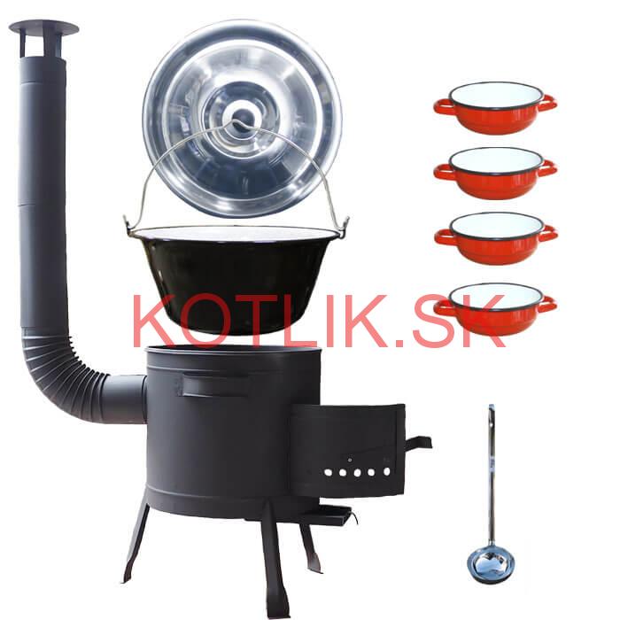 Smaltovaný kotlík 30 L + selské misky 4 ks + nízka žiaruvzdorná kotlina 45 cm PLUS 600