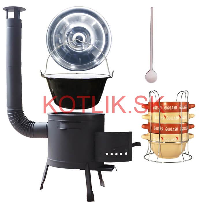 Smaltovaný kotlík 22 L (1,2 mm) + misky na guláš 4 ks + nízka žiaruvzdorná kotlina 42 PLUS 600