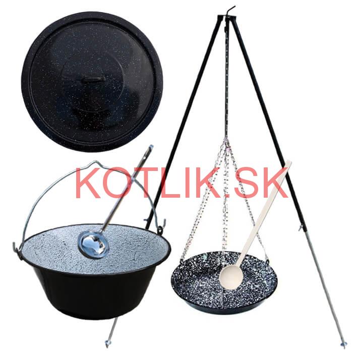 Smaltovaný kotlík 30 L + panvica na grilovanie + teleskopická trojnožka