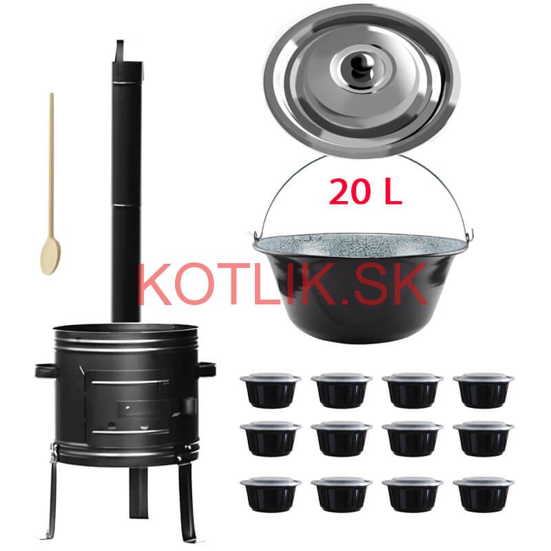 Smaltovaný kotlík 20 L (0,8 mm) + kovová kotlina 42 KOV + vareška + misky 12 ks