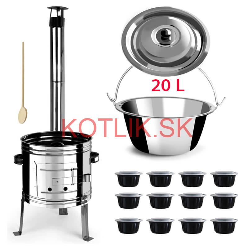 Nerezový kotlík 20 L (1,2 mm) + Nerezová kotlina 42 INOX + vareška + misky 12 ks