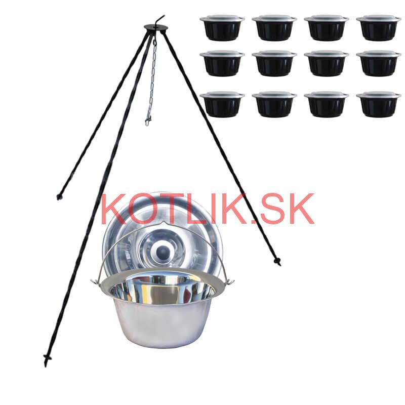 Nerezový kotlík 8 L (0,8 mm) + antikorová pokrievka + stojan + misky 12 ks