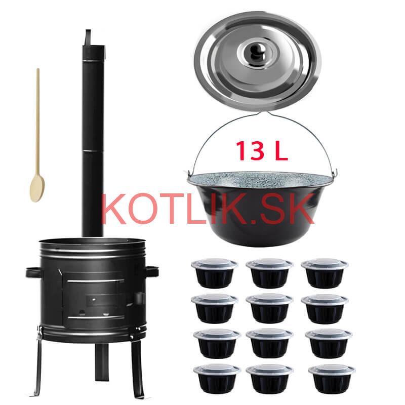 Smaltovaný kotlík 13 L + kovová kotlina 36 KOV + misky 12 ks