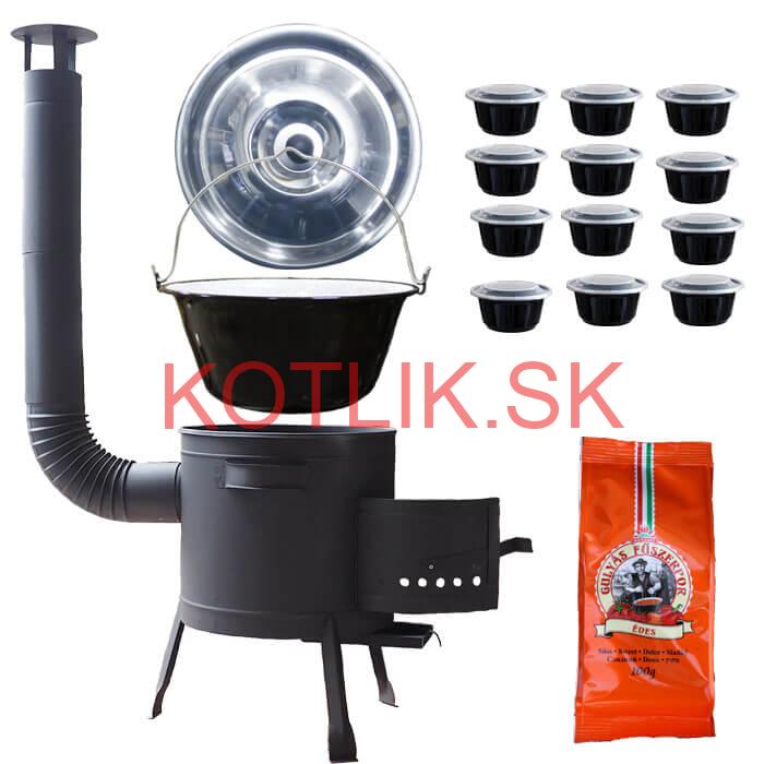 Smaltovaný kotlík 25 L (1,2 mm) + pokrievka + misky 12 ks + nízka žiaruvzdorná kotlina (0,8 mm) 42 PLUS 600