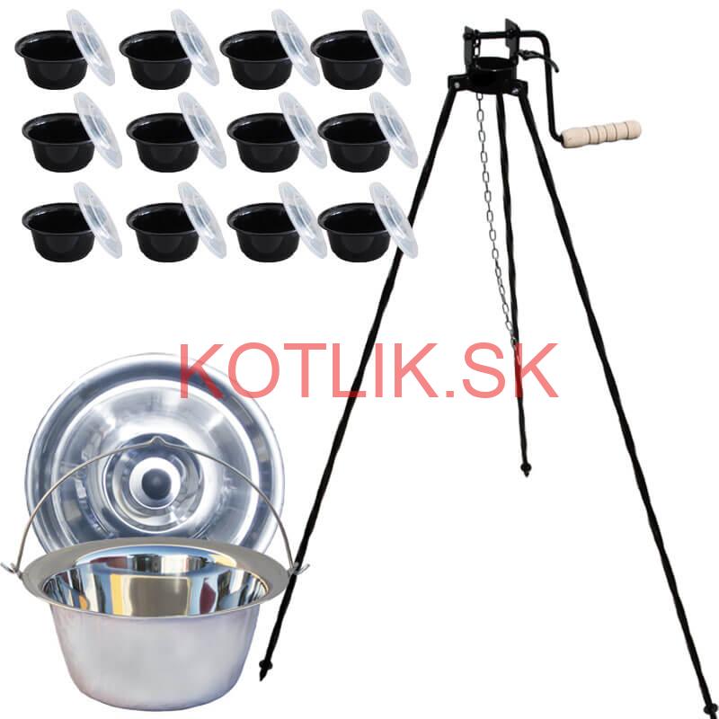 Nerezový kotlík 20 L (0,8 mm) + stojan s kladkou VAR + misky 12 ks