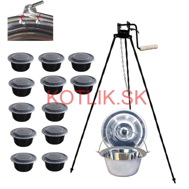 Antikorový kotlík 15 L (0,8 mm) s nitmi + stojan s kladkou VAR + misky 12 ks