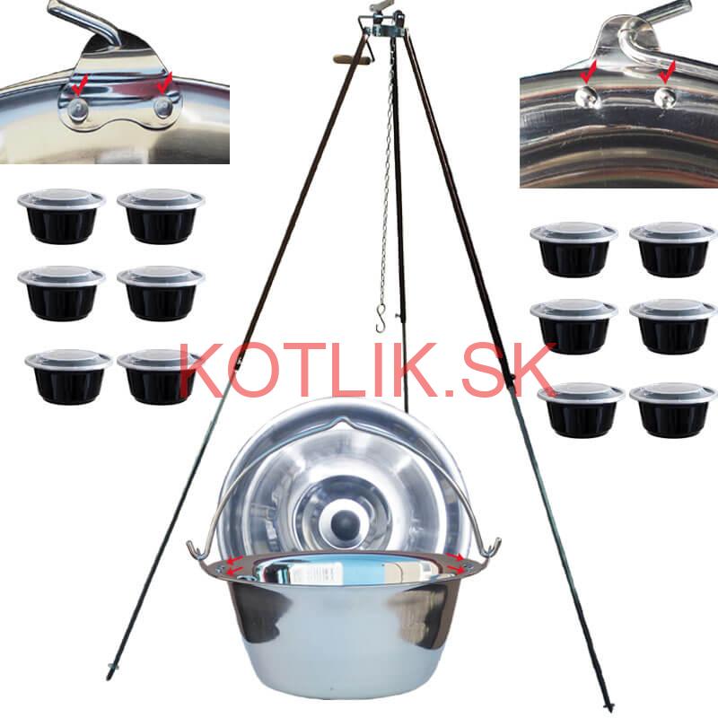 Antikorový kotlík 30 L (0,8 mm) s nitmi + teleskopická trojnožka s poistnou kladkou + misky 12 ks