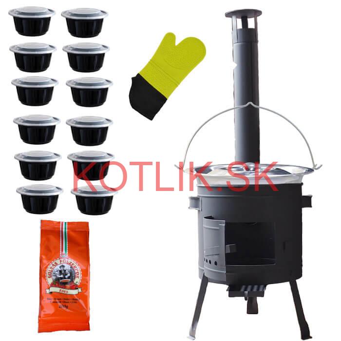 Nerezový kotlík 22 L (0,8 mm) + misky 12 ks + nízka žiaruvzdorná kotlina (0,8 mm) 42 PLUS 600