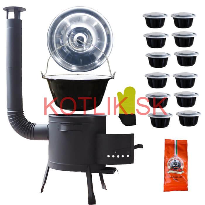 Smaltovaný kotlík 22 L (1,2 mm) + misky 12 ks + nízka žiaruvzdorná kotlina (1,5 mm) 42 PLUS 600