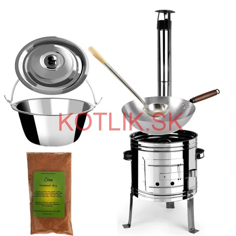 Nerezový kotlík 10 L (0,8 mm) + nerezová kotlina 31 INOX + Wok + korenie 50 g