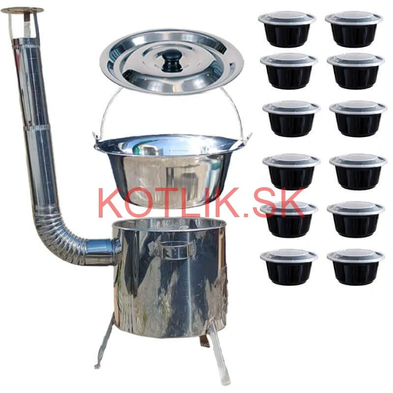 Nerezový kotlík 14 L (0,8 mm) INOX + Nerezová kotlina 36 INOX LUSTRO + misky 12 ks