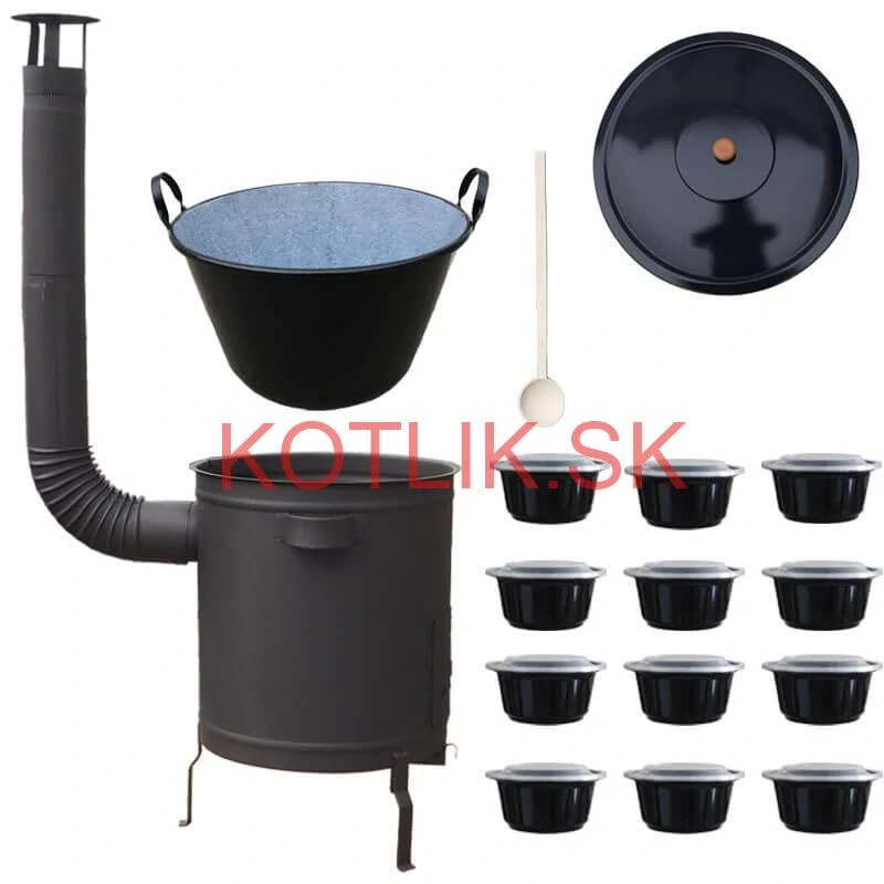 Smaltovaný kotol 60 L + hrubostenná kotlina 53 cm (2 mm) STRONG PLUS 600 + misky 12 ks