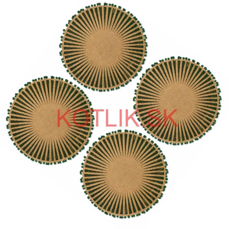 Okrúhle jutové podložky pod tanier zelené s pompónmi 37 cm, 4 ks