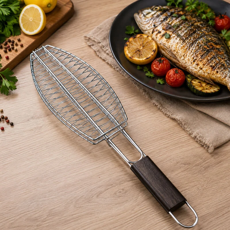 BBQ grilovací rošt na ryby – nerezové grilovacie kliešte 65 × 15 × 4 cm