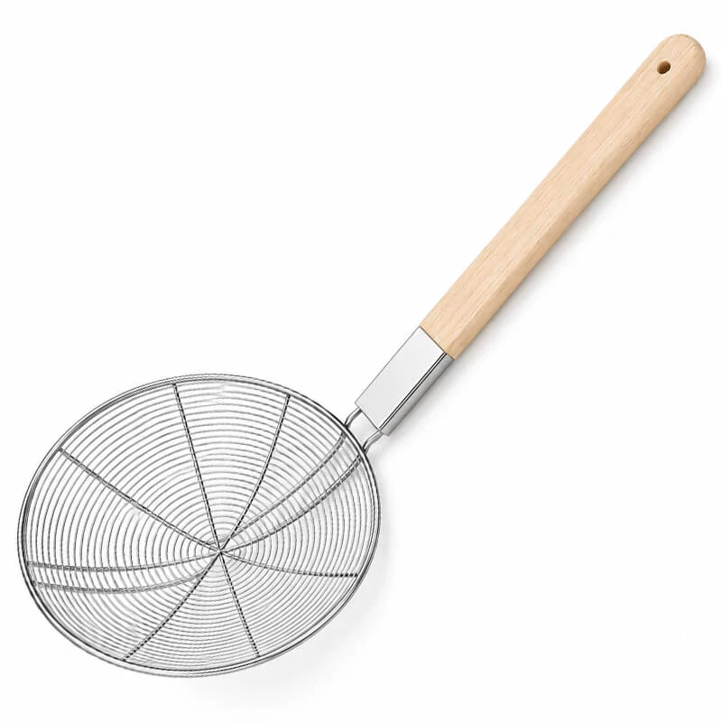 Veľké nerezové sitko – penovačka 22,5 cm s drevenou rukoväťou, 56,5 cm