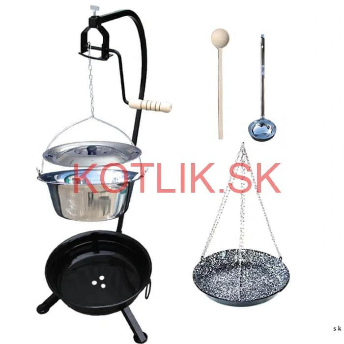 Nerezový kotlík 10 L (0,8 mm) INOX + smaltovaná panvica + ohnisko so stojanom a s poistnou kladkou VAR