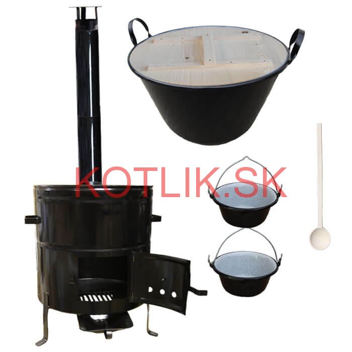 Zabíjačkový smaltovaný kotol 100 L, drevená pokrievka + kovová kotlina 60 cm + 2 servírovacie kotlíky