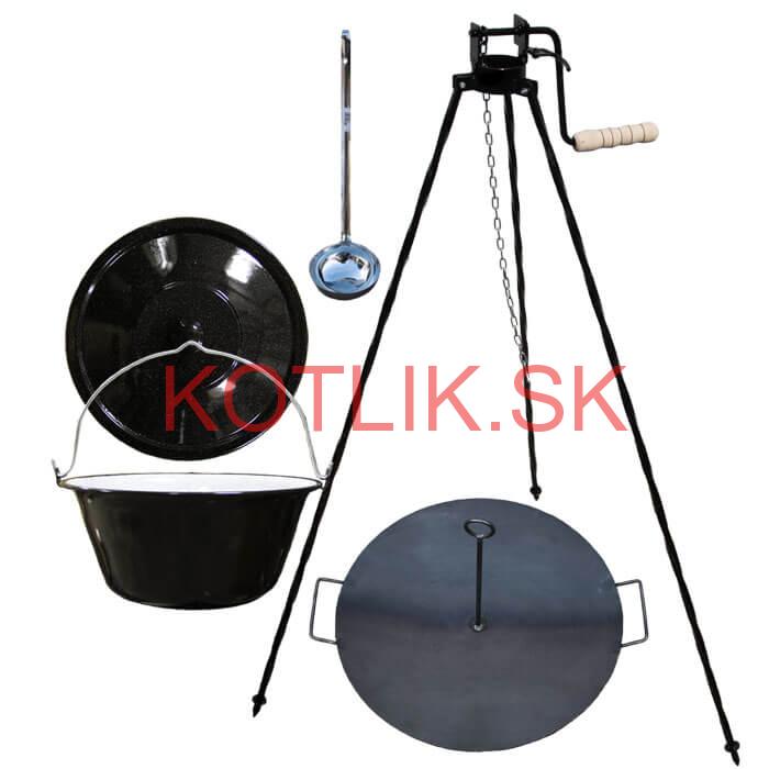 Smaltovaný kotlík 16 L (1,2 mm) + panvica na grilovanie a stojan s kladkou VAR