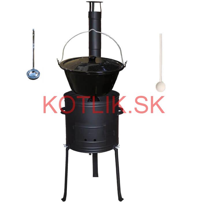 Smaltovaný kotlík 20 L (1,2 mm) + kovová kotlina s vysokými nožičkami 42 cm + vareška a naberačka