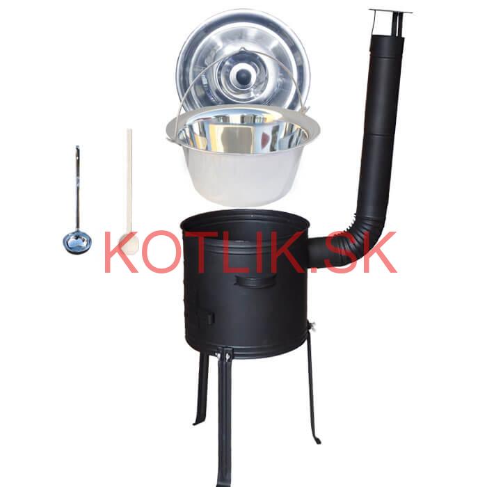 Antikorový kotlík 22 L (0,8 mm) + kovová kotlina s vysokými nožičkami 42 cm + vareška a naberačka