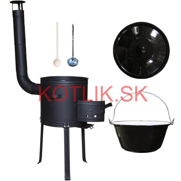 Smaltovaný kotlík 20 L + kovová kotlina s vysokými nožičkami 42 cm, žiaruvzdorná farba Plus 700 + vareška a naberačka