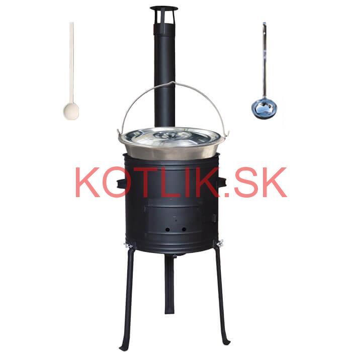 Nerezový kotlík 15 L (1,5 mm) + kovová kotlina s vysokými nožičkami 36 cm, žiaruvzdorná farba Plus 700 + vareška a naberačka