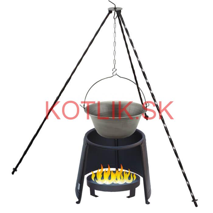 Železný kotlík 10 L (0,75 mm) + chránič plameňa 37 cm + ohnisko 36 cm + trojnožka 1,2 m