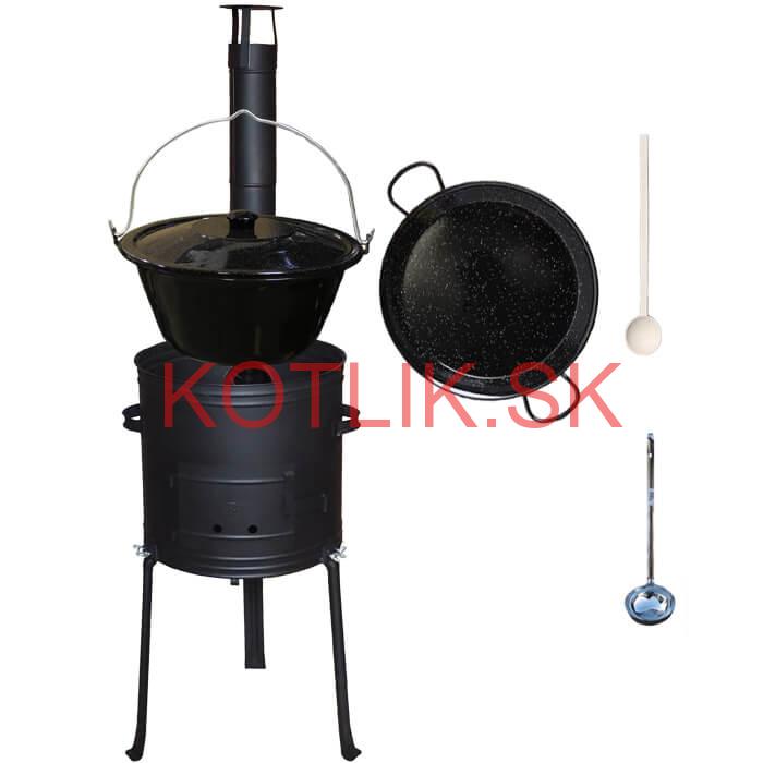 Smaltovaný kotlík 20 L + Paella panvica 46 cm + kovová kotlina s vysokými nožičkami 42 cm, žiaruvzdorná farba Plus 700